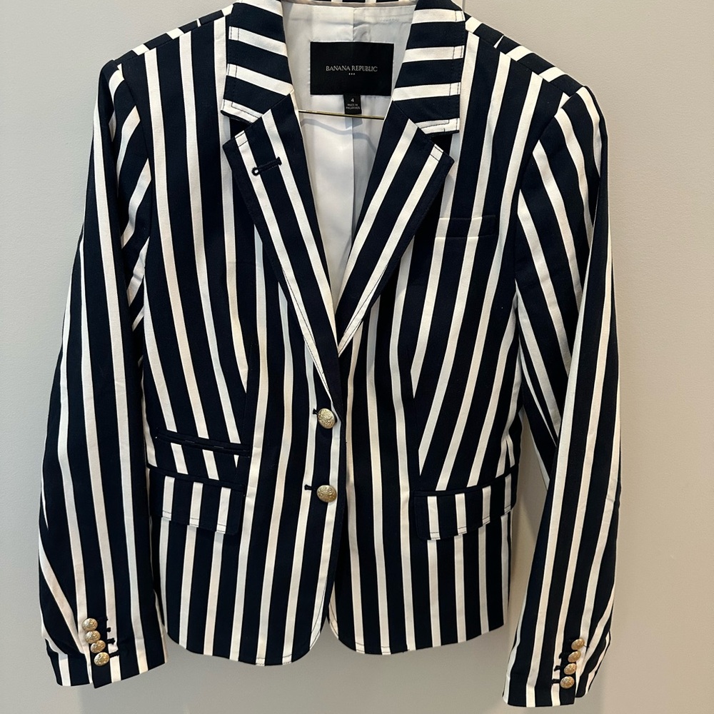 Banana Republic Women's Navy and White Striped Blazer